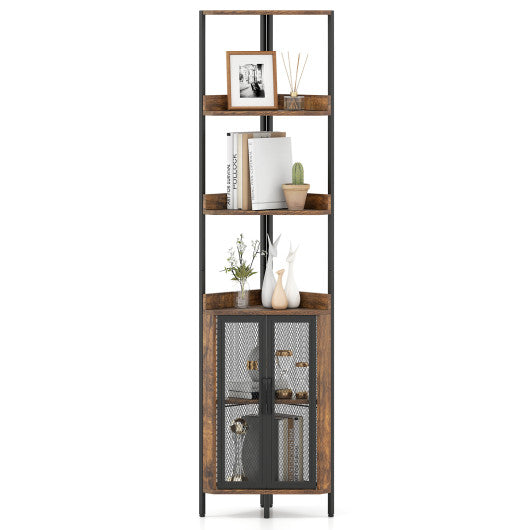 6-Tier Corner Shelf 67 Inches Tall Corner Bookshelf with Cabinet Industrial Bookcase-Brown