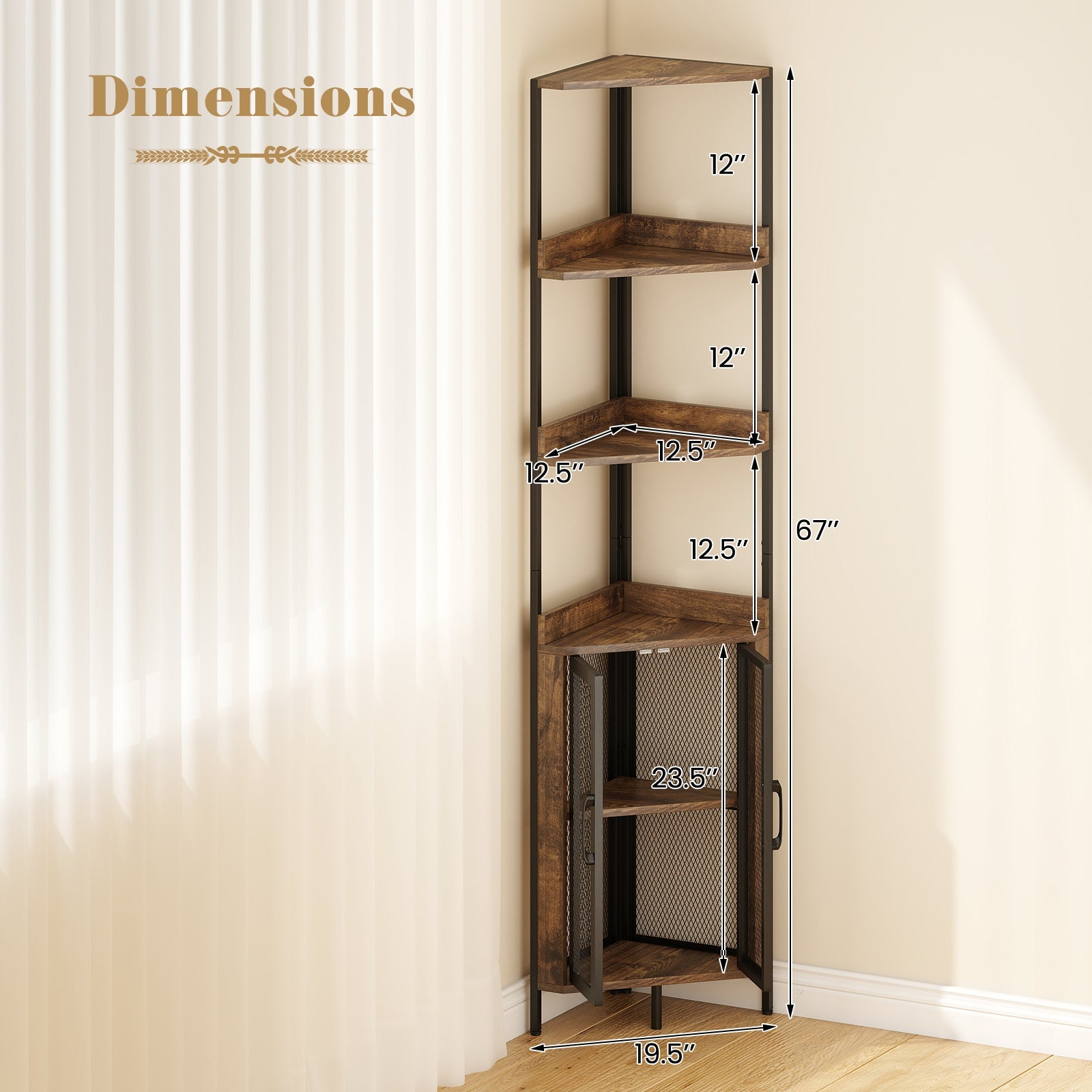 6-Tier Corner Shelf 67 Inches Tall Corner Bookshelf with Cabinet Industrial Bookcase