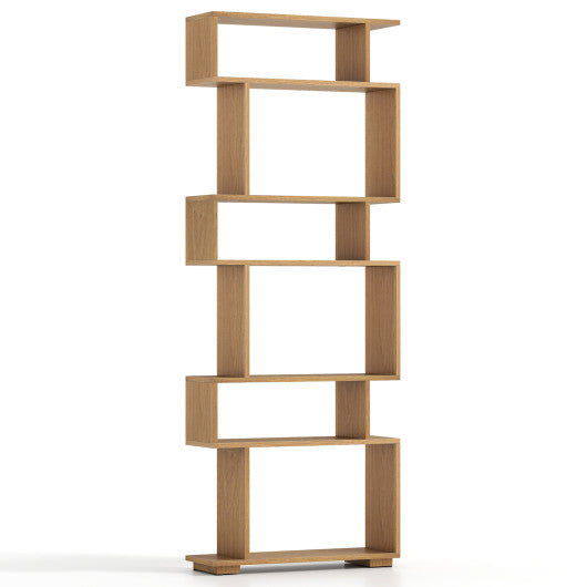 6-Tier Geometric Bookshelf with 2 Anti-Tipping Kits for Home Office-Natural