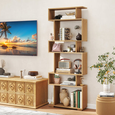 6-Tier Geometric Bookshelf with 2 Anti-Tipping Kits for Home Office-Natural