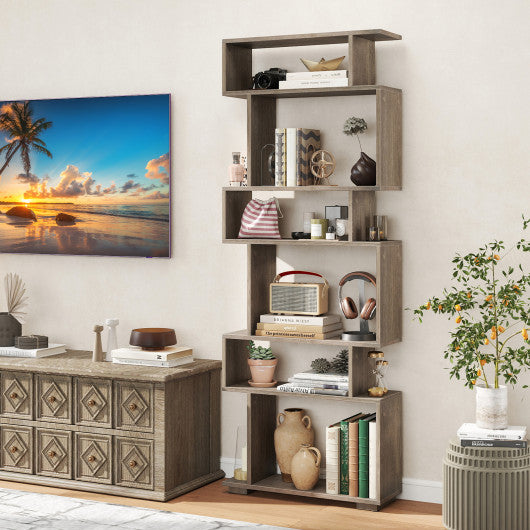 6-Tier Geometric Bookshelf with 2 Anti-Tipping Kits for Home Office-Oak