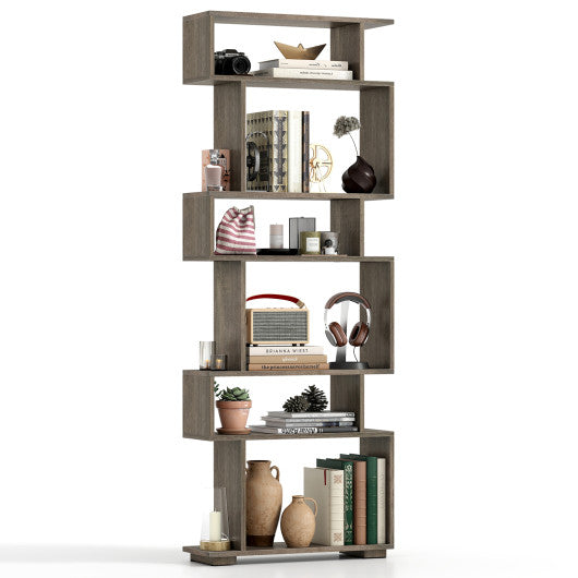 6-Tier Geometric Bookshelf with 2 Anti-Tipping Kits for Home Office-Oak