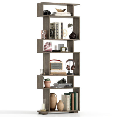 6-Tier Geometric Bookshelf with 2 Anti-Tipping Kits for Home Office-Oak