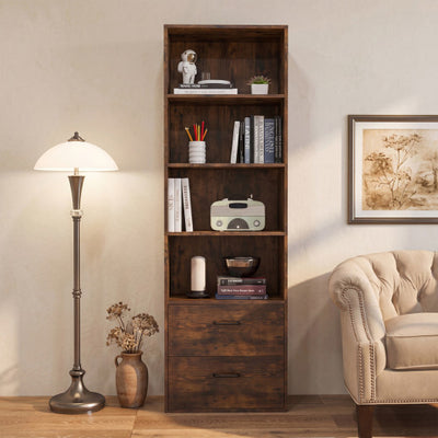 6-Tier Tall Freestanding Bookshelf with 4 Open Shelves and 2 Drawers-Rustic Brown