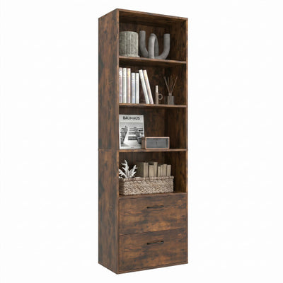 6-Tier Tall Freestanding Bookshelf with 4 Open Shelves and 2 Drawers-Rustic Brown