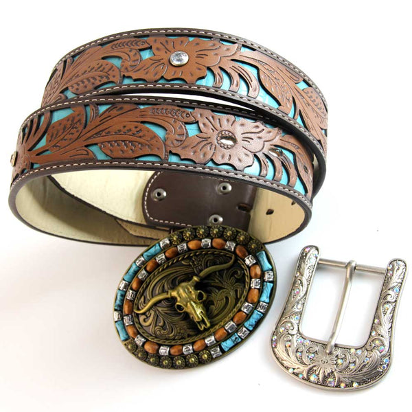TOPACC Western Turquoise Belts - Turquoise Longhorn Cow Bull Belt Buckle Copper/Bronze