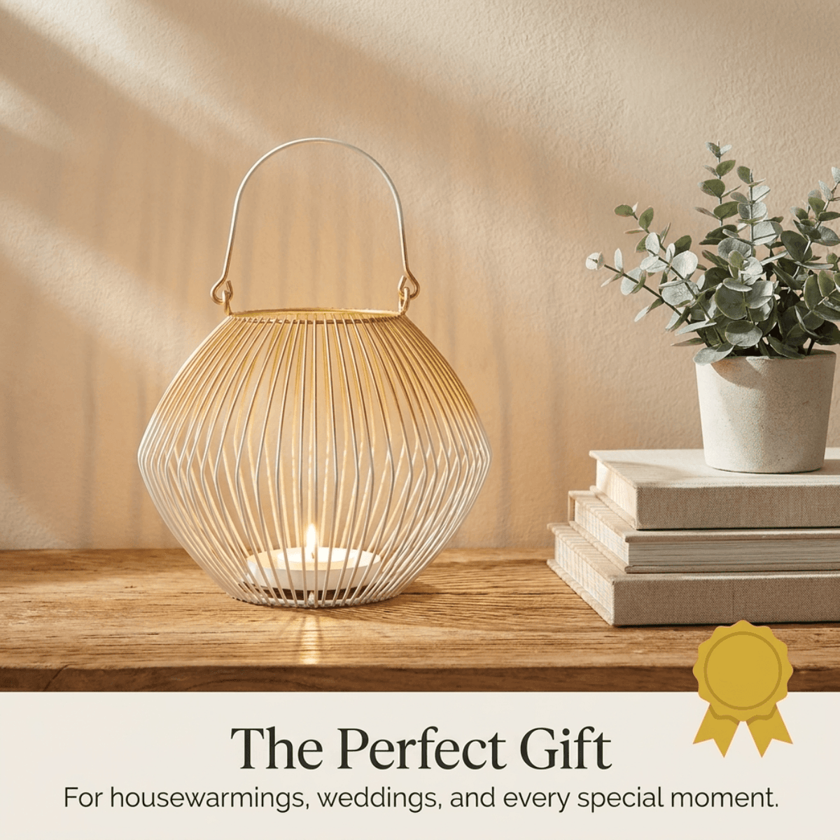 White Gold Candle Holder - Modern Glass Lantern for Indoor Outdoor Decor