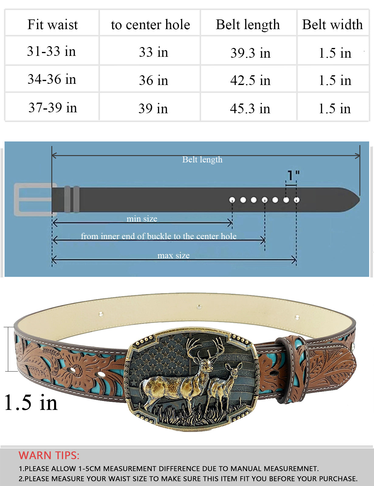 TOPACC Western Turquoise Belts - Deer American flag Belt Buckle Copper/Bronze