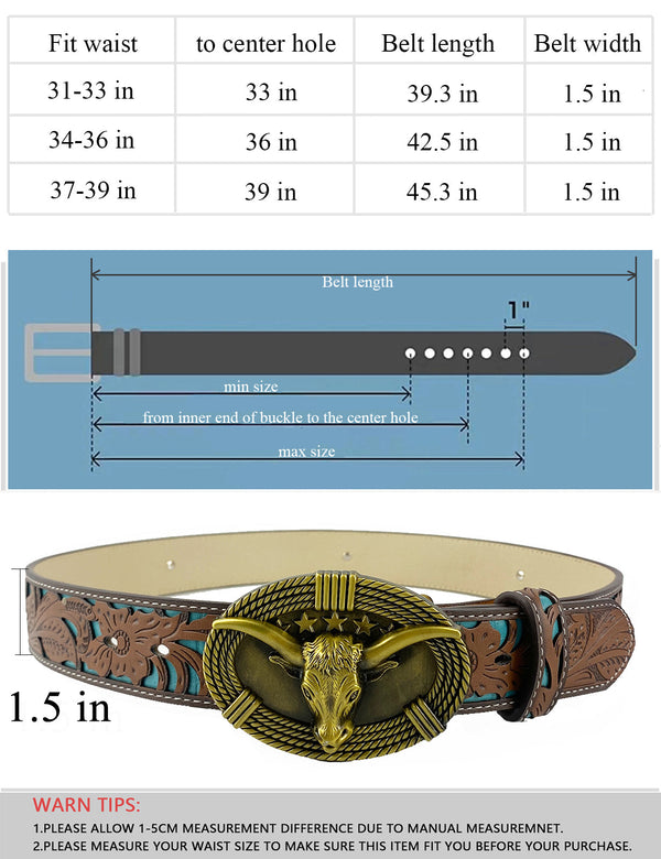 TOPACC Western Turquoise Belts - Cute Longhorn Cow Belt Buckle Copper/Bronze