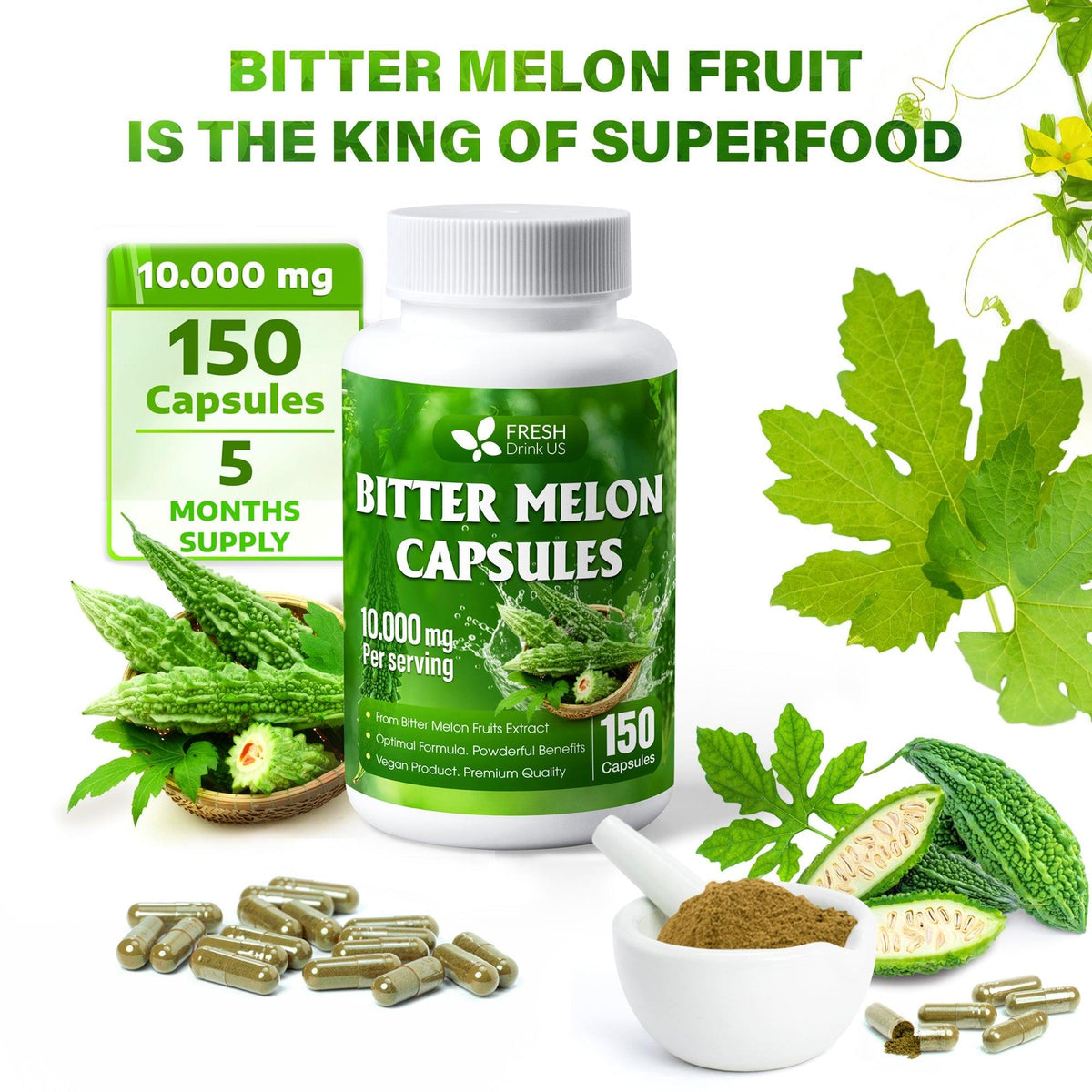 Bitter Melon Capsules, 1000mg, 150 Capsules - Gluten Free, Non-GMO