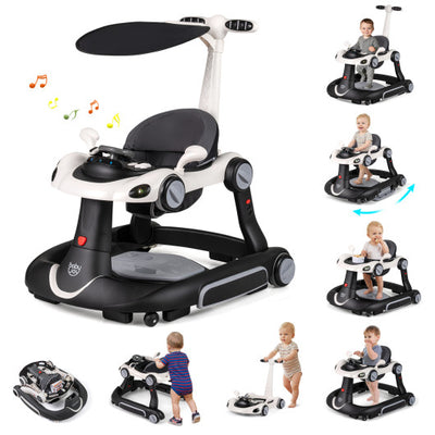 6-in-1 Baby Walker with Canopy Portable Activity Center Bouncer Rocker Combo with Music-White