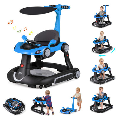 6-in-1 Baby Walker with Canopy Portable Activity Center Bouncer Rocker Combo with Music-Blue