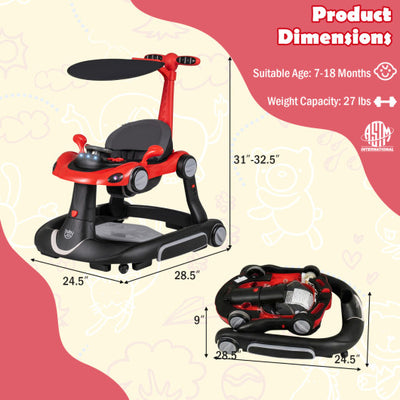 6-in-1 Baby Walker with Canopy Portable Activity Center Bouncer Rocker Combo with Music-Red