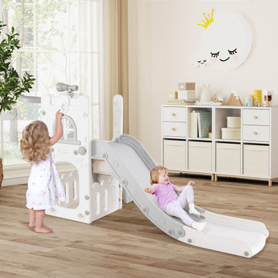 6-in-1 Toddler Slide L-shaped Playground with Basketball Hoop and Ladder-Gray