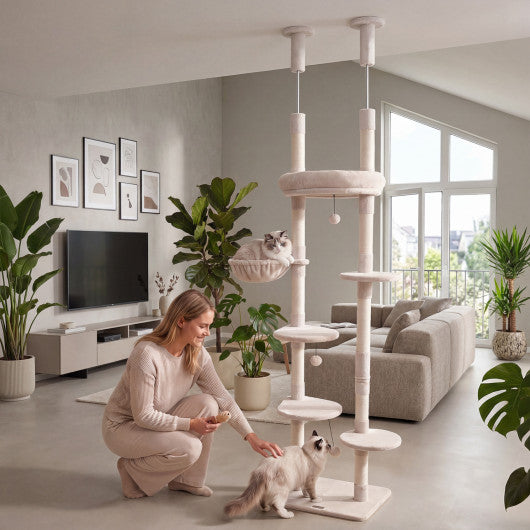 6-tier Floor to Ceiling Cat Tree with Plush Bed and Sisal Scratching Posts-Beige