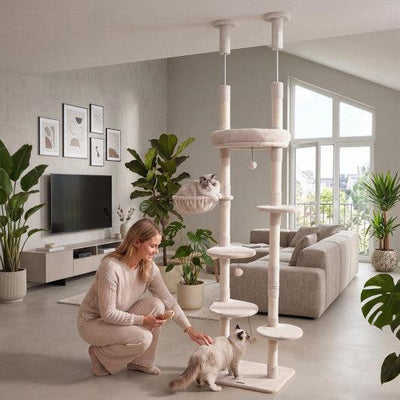 6-tier Floor to Ceiling Cat Tree with Plush Bed and Sisal Scratching Posts-Beige