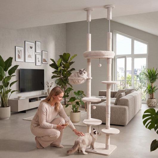 6-tier Floor to Ceiling Cat Tree with Plush Bed and Sisal Scratching Posts-Beige