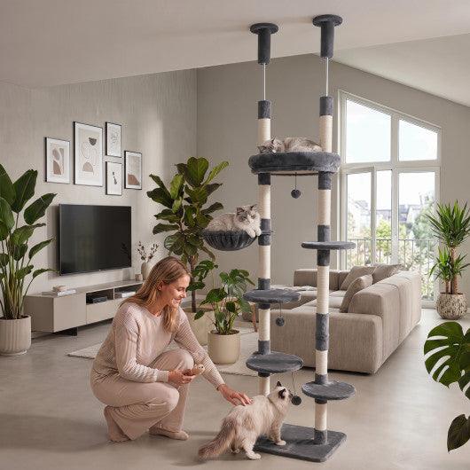 6-tier Floor to Ceiling Cat Tree with Plush Bed and Sisal Scratching Posts-Gray