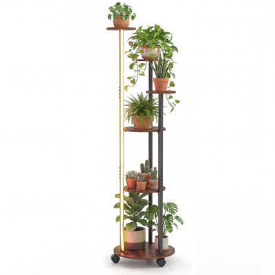 6-tier Plant Stand with RGB Light and Wheels 57inch Tall Indoor Display Shelf Flowerpot Holder-Rustic Brown