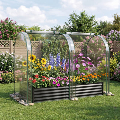 6 x 3 x 1 FT Galvanized Raised Garden Bed with Greenhouse Cover-Black