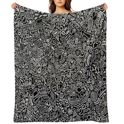 Hidden Images Doodle Art on Black Machine-washable Throw Blanket