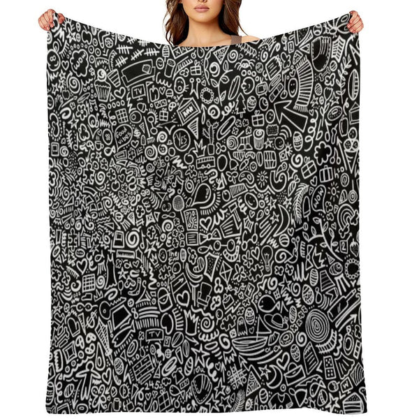 Hidden Images Doodle Art on Black Machine-washable Throw Blanket