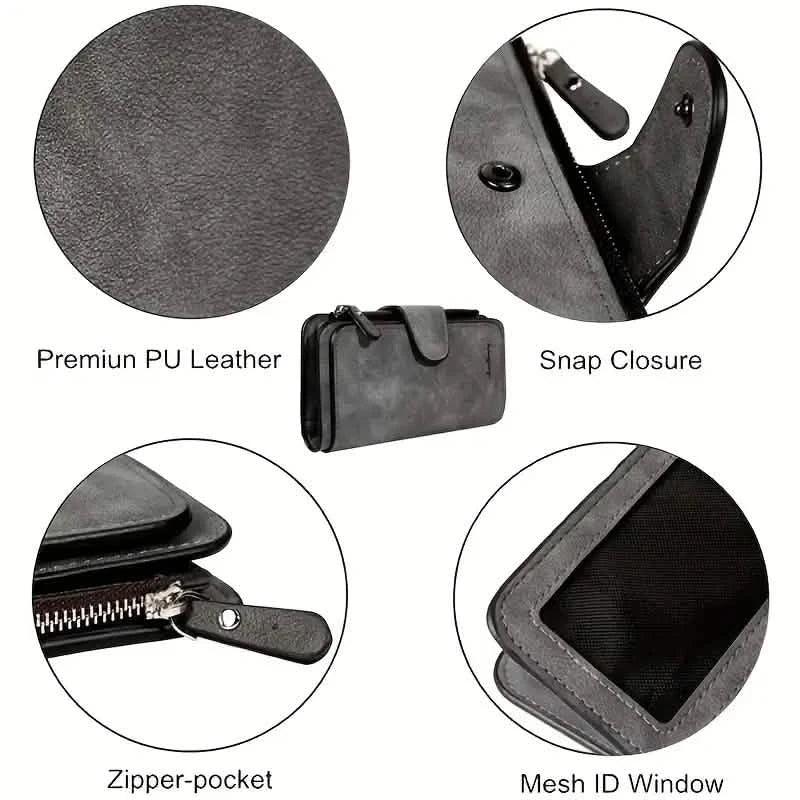 Vintage Faux Leather Long Wallet – Trifold Credit Card Holder with Snap & Zipper