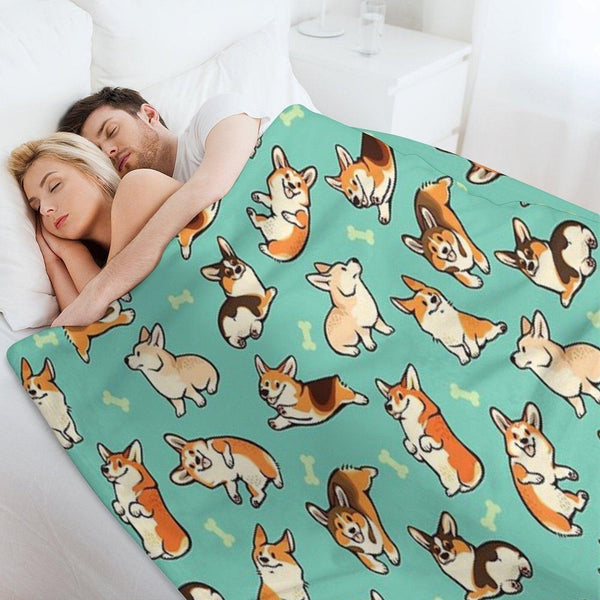 Jolly Corgis in Green Throw Blanket