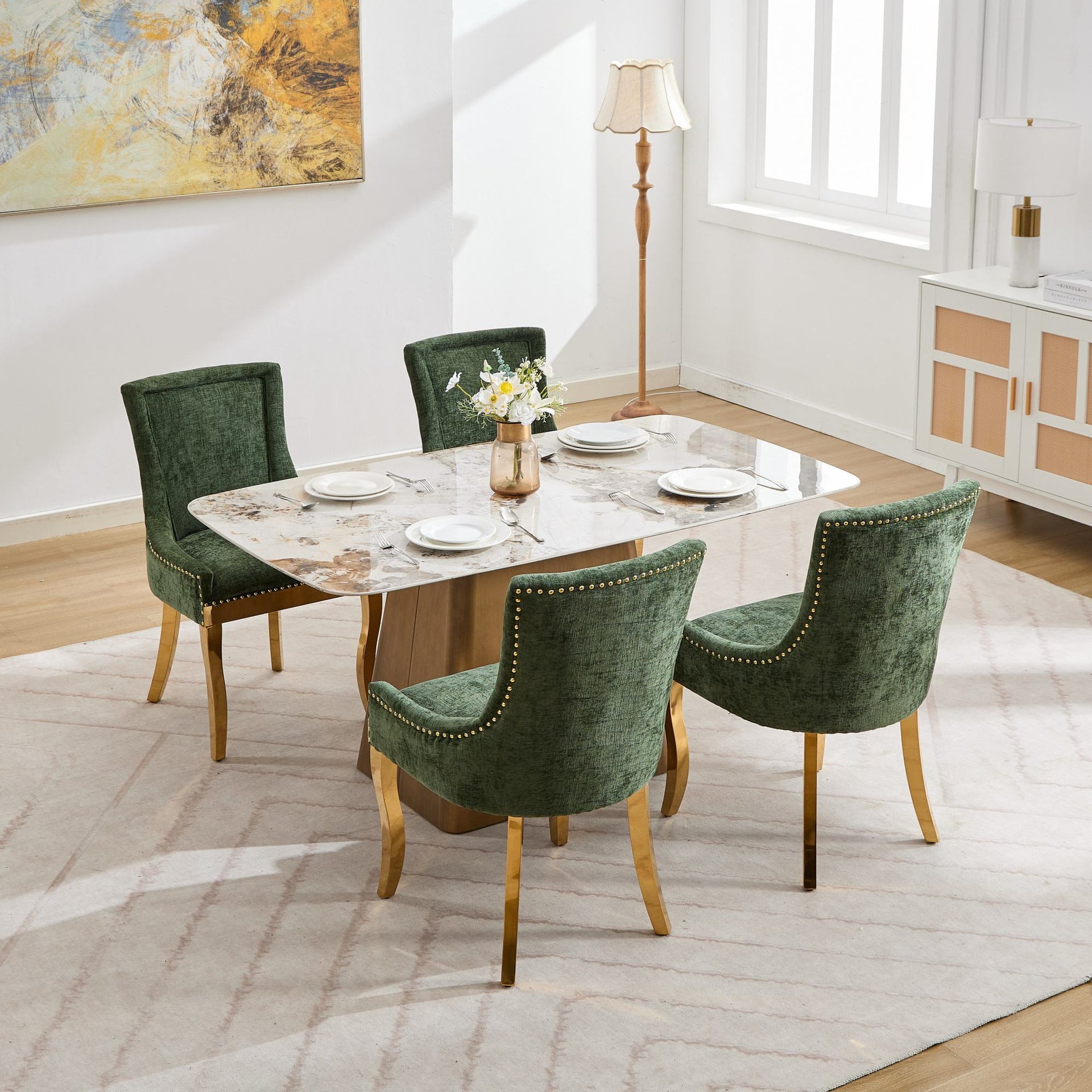 Chenille Dining Chairs Modern Style with Curved Gold-Plated Legs & Rivet Trim