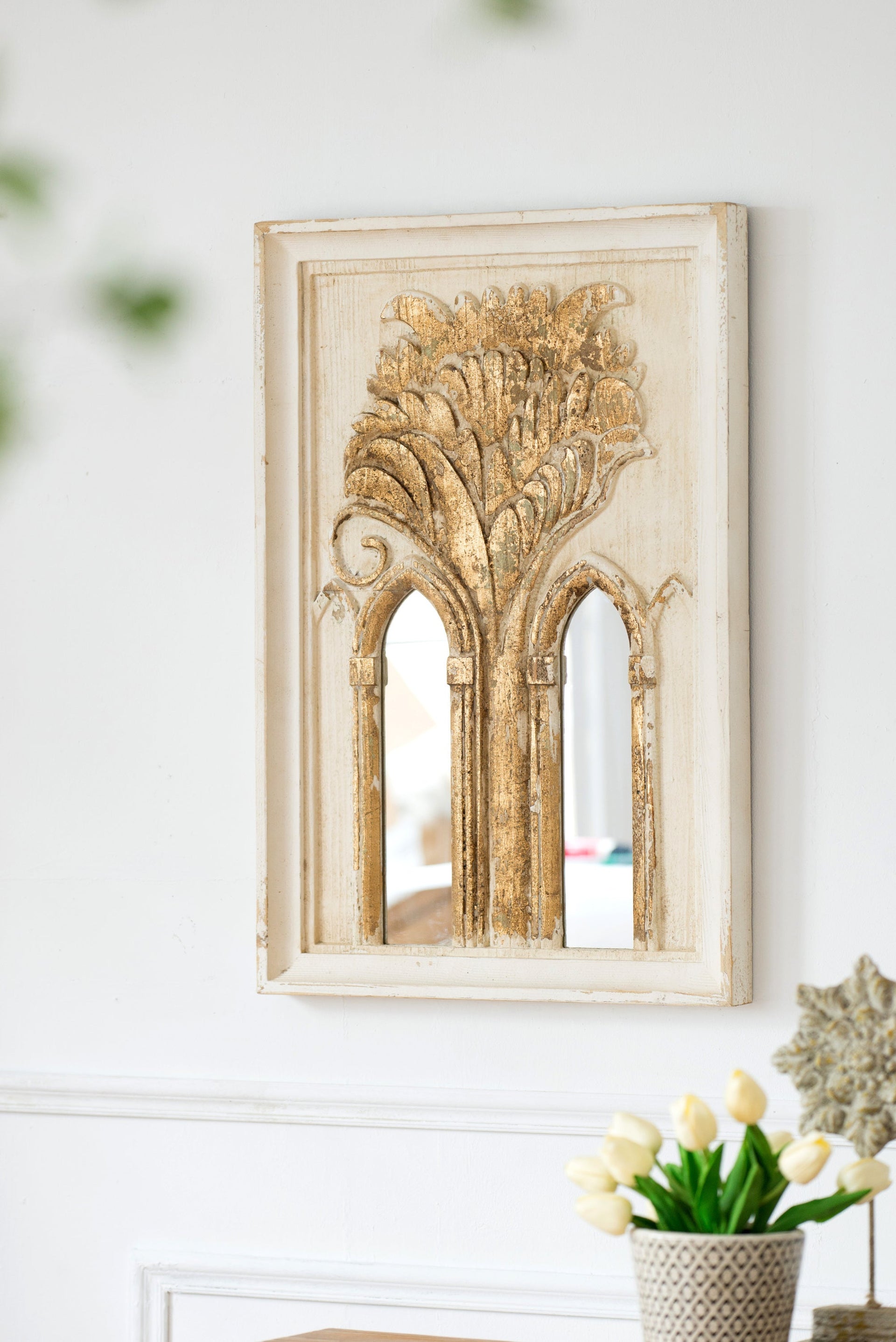 20.1x2x29.9' Mid-Century Modern Wall Mirror with Gold Leaf Details, Set of 2