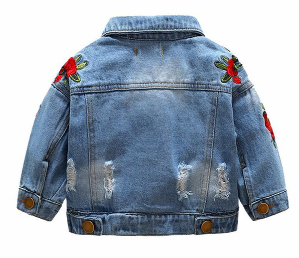 Modern Luxury Baby Girls Outerwear Jeans Coat Ripped Embroidery Jackets For Girls With Roses