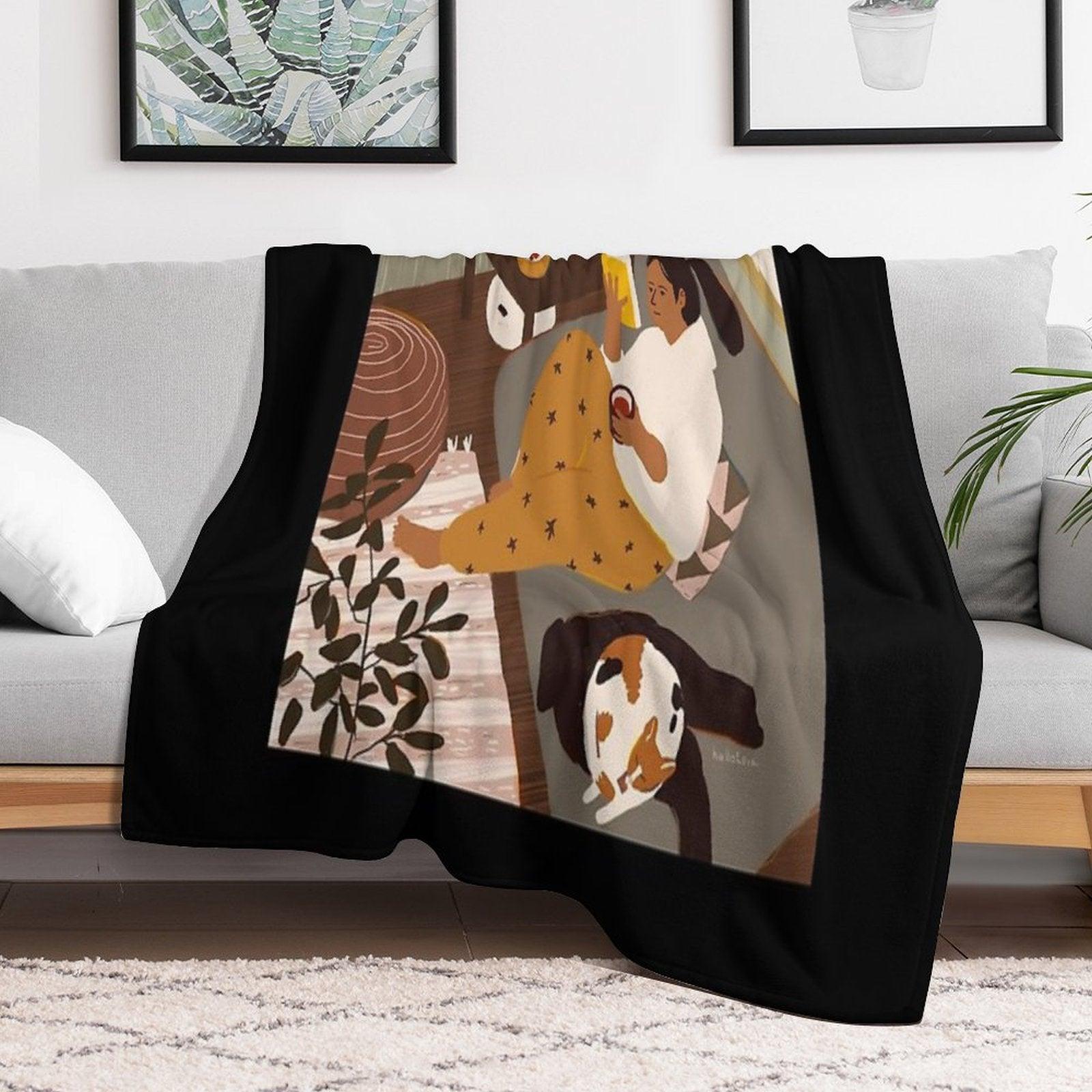 Girl Is Reading A Book at Cozy Home Interior with A Cat Throw Blanket