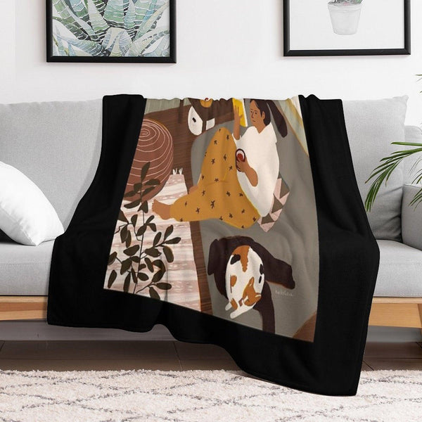 Girl Is Reading A Book at Cozy Home Interior with A Cat Throw Blanket