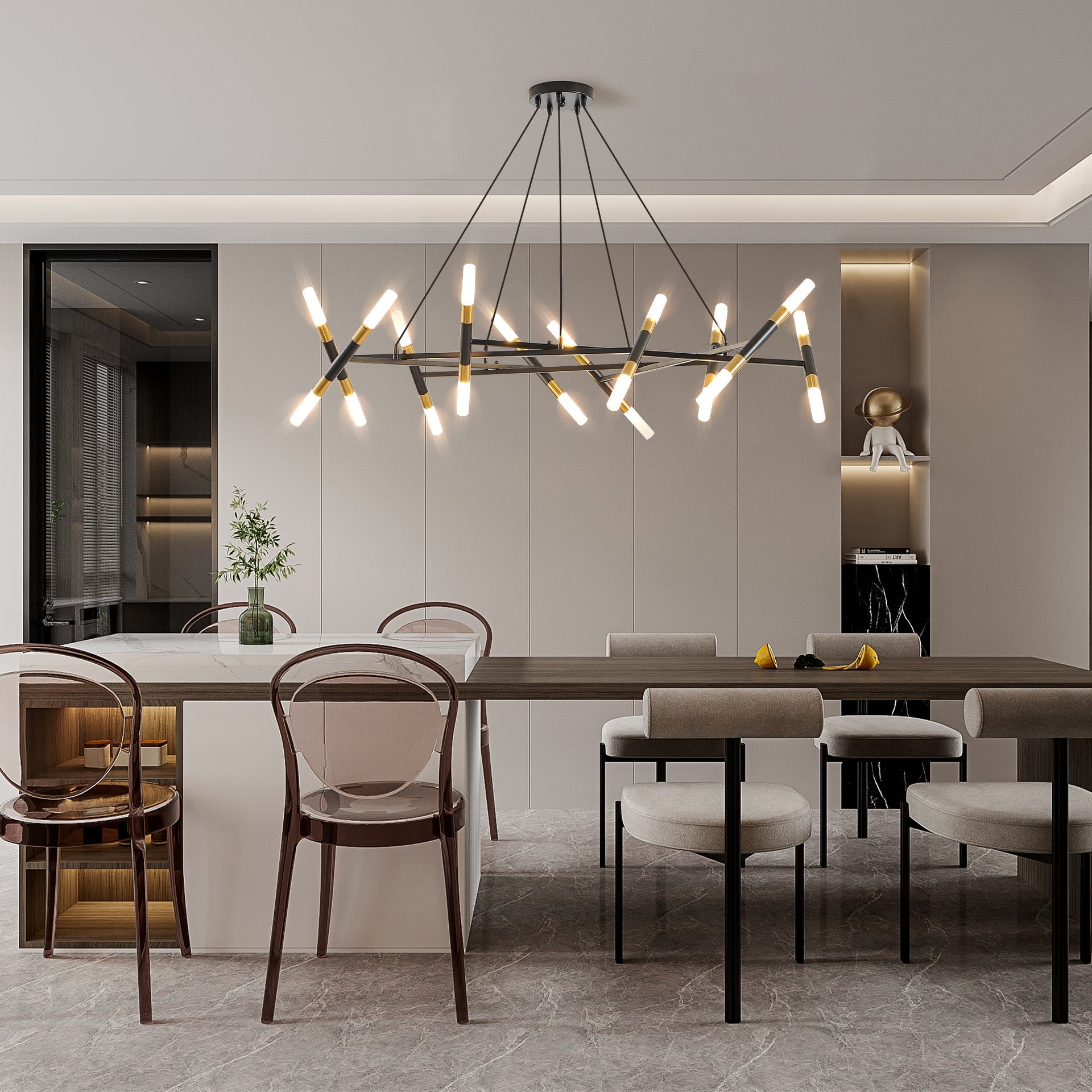Modern Branch Chandelier with Frosted Tubes, Adjustable Height Pendant Light for Dining