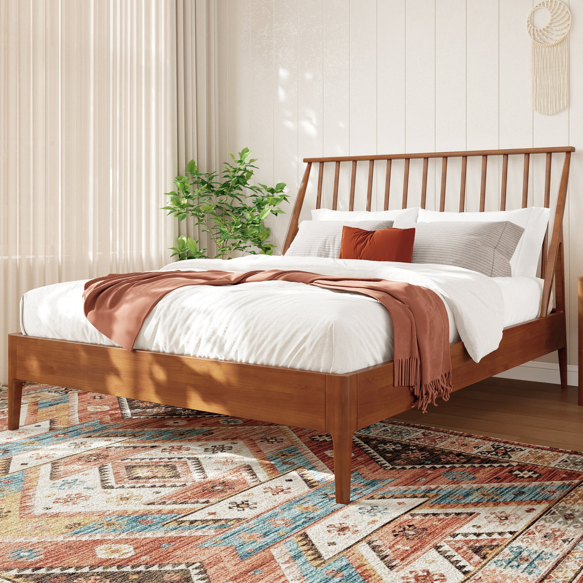 Solid Bamboo Wood Spindle Platform Queen Bed