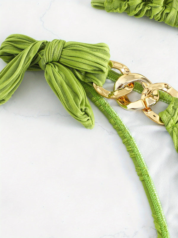 Bikini Ruched Texture Golden Chain 2 Piece Triangle Swimsuit for Women – Striped Halter Bikini Set with Bow Tie Side and Elegant Ring Link Detail – Stretchy Beachwear for Pool Bathing and Summer Vacations