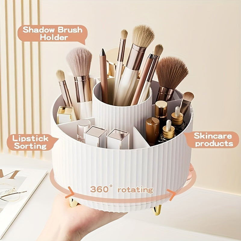 360° Rotating Makeup Organizer - 1pc Plastic Cosmetic Storage with 5 Compartments - Multi-Functional Holder for Brushes, Lipsticks, Skin Care Products, and Stationery - Durable Unscented Desk Caddy with Luxury Stripe Design DSers Fulfillment