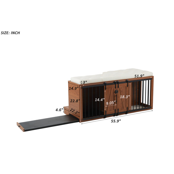 56'L, Furniture Style 2 in 1 Dog Crate with Padded Seat, Sliding Barn Door, Luxury Wooden Dog Kennel, End of Bed Bench Ottoman with Removable Cushion for Bedroom, Living Room, Walnut