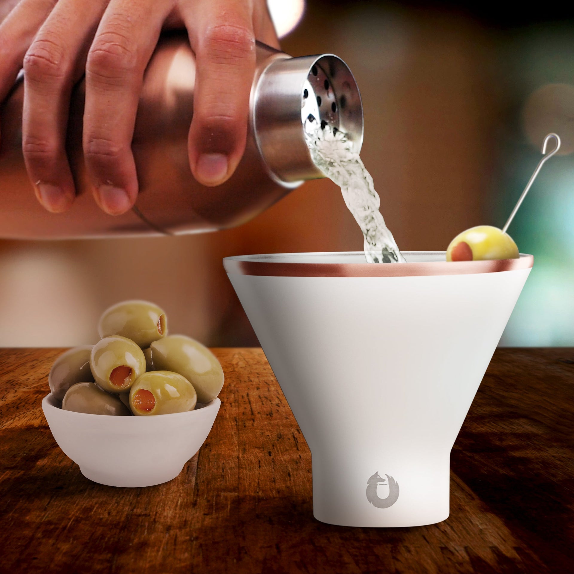 Stainless Steel Cocktail Shaker and Martini Glass Set,  Gold and White
