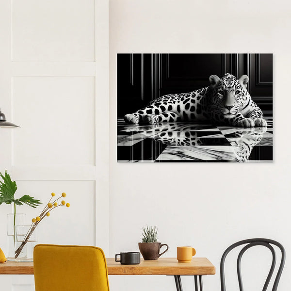 Leopard Canvas Art Print – Striking Design on Black & White Checkered Marble Floor
