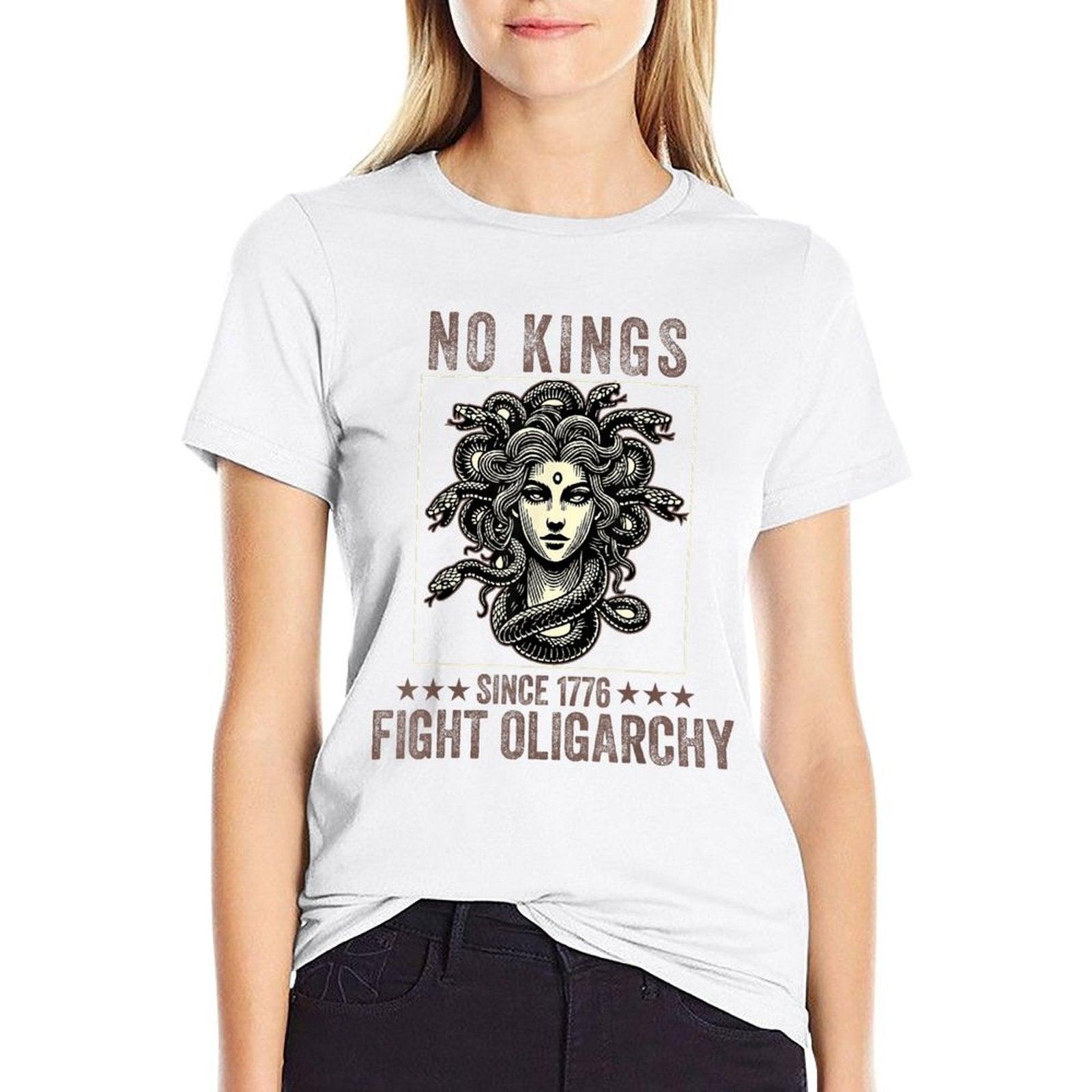 No Kings Fight Oligarchy Medusa Feminist Patriot Women Girl  Ribbed Collar T-Shirt