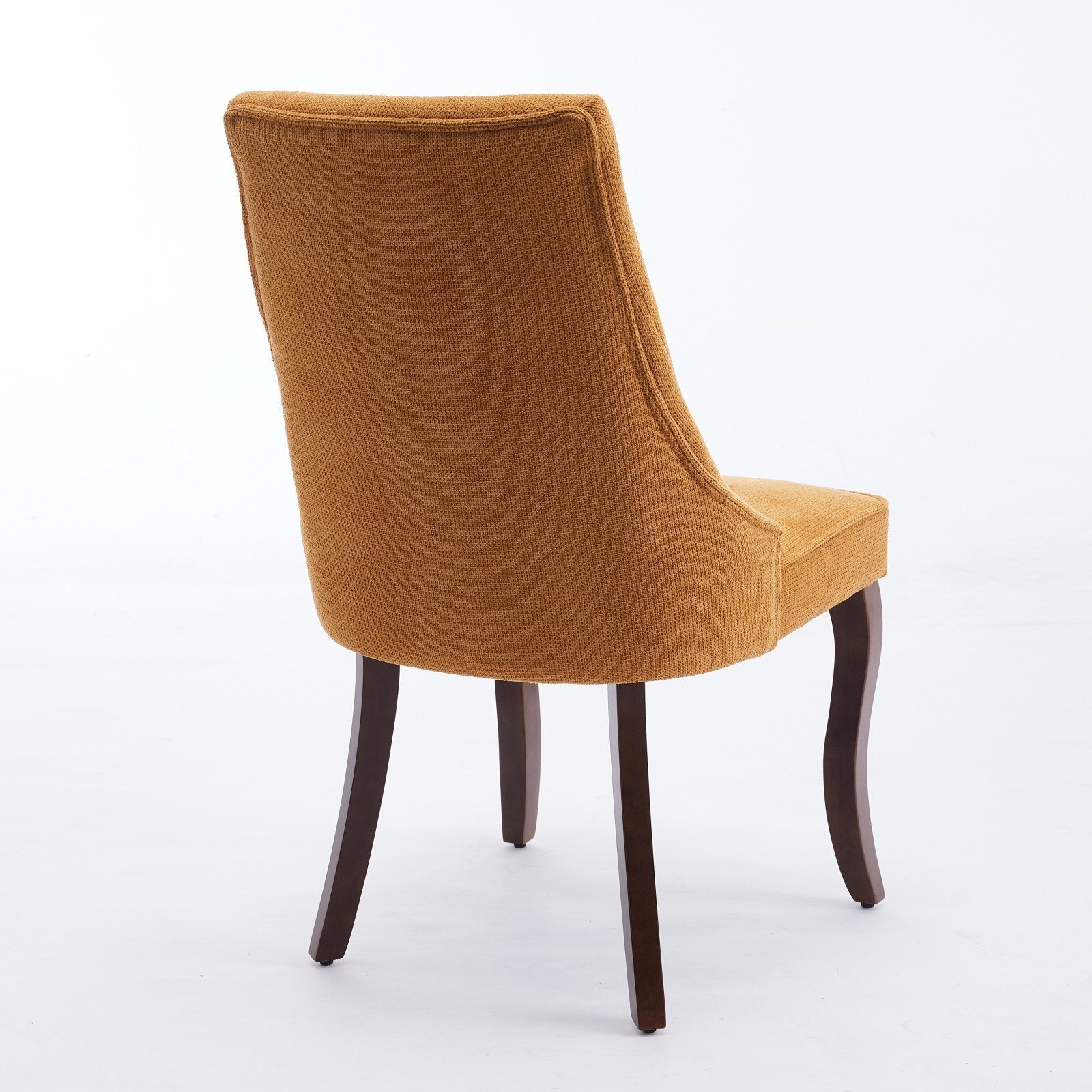 Rear angled view of the Set of 2 Rayon Cloth Flocking Linen Dining Chairs showing smooth back and dark wood legs.