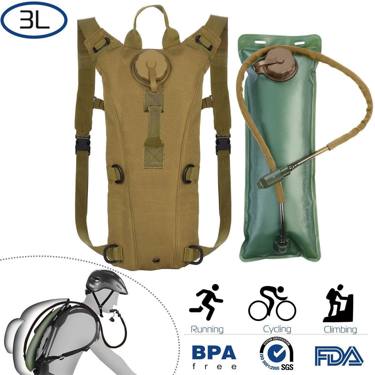 iMounTEK Tactical Hydration Pack 3L Water Bladder Adjustable Water Drink Backpack for Hiking Cycling Climbing Running