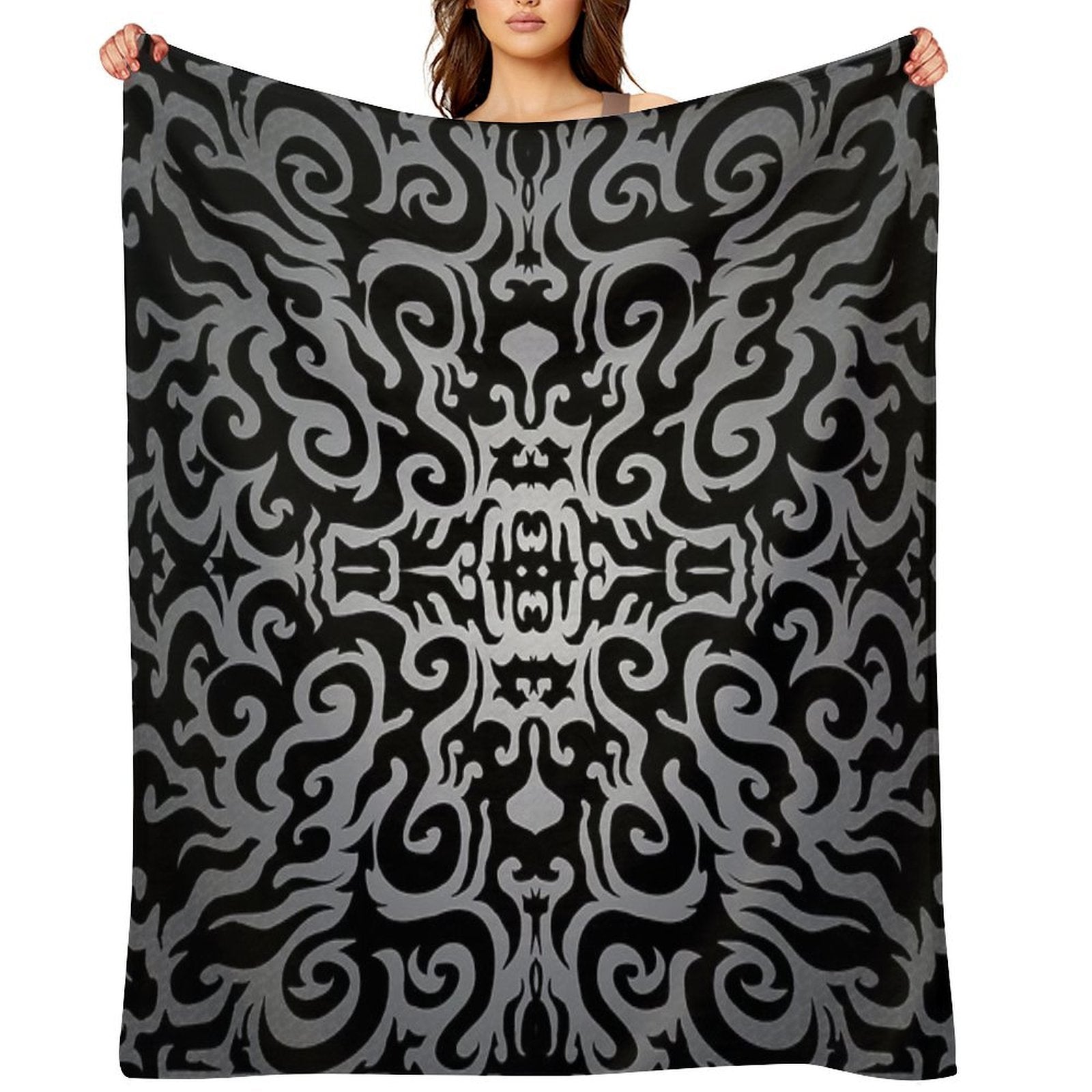 Silver Damask Brocade Pattern Travel-friendly Throw Blanket