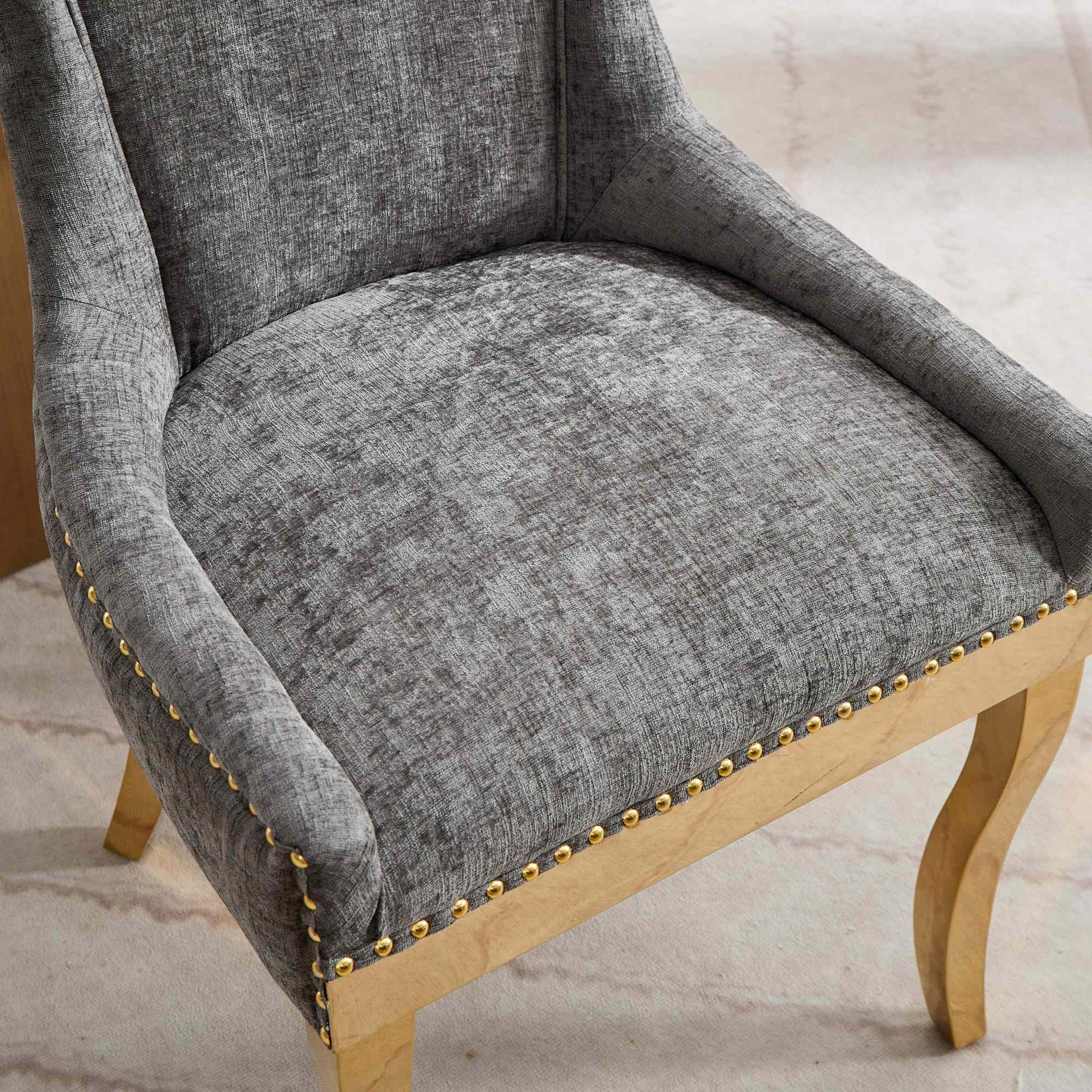 Chenille Dining Chairs Modern Style with Curved Gold-Plated Legs & Rivet Trim