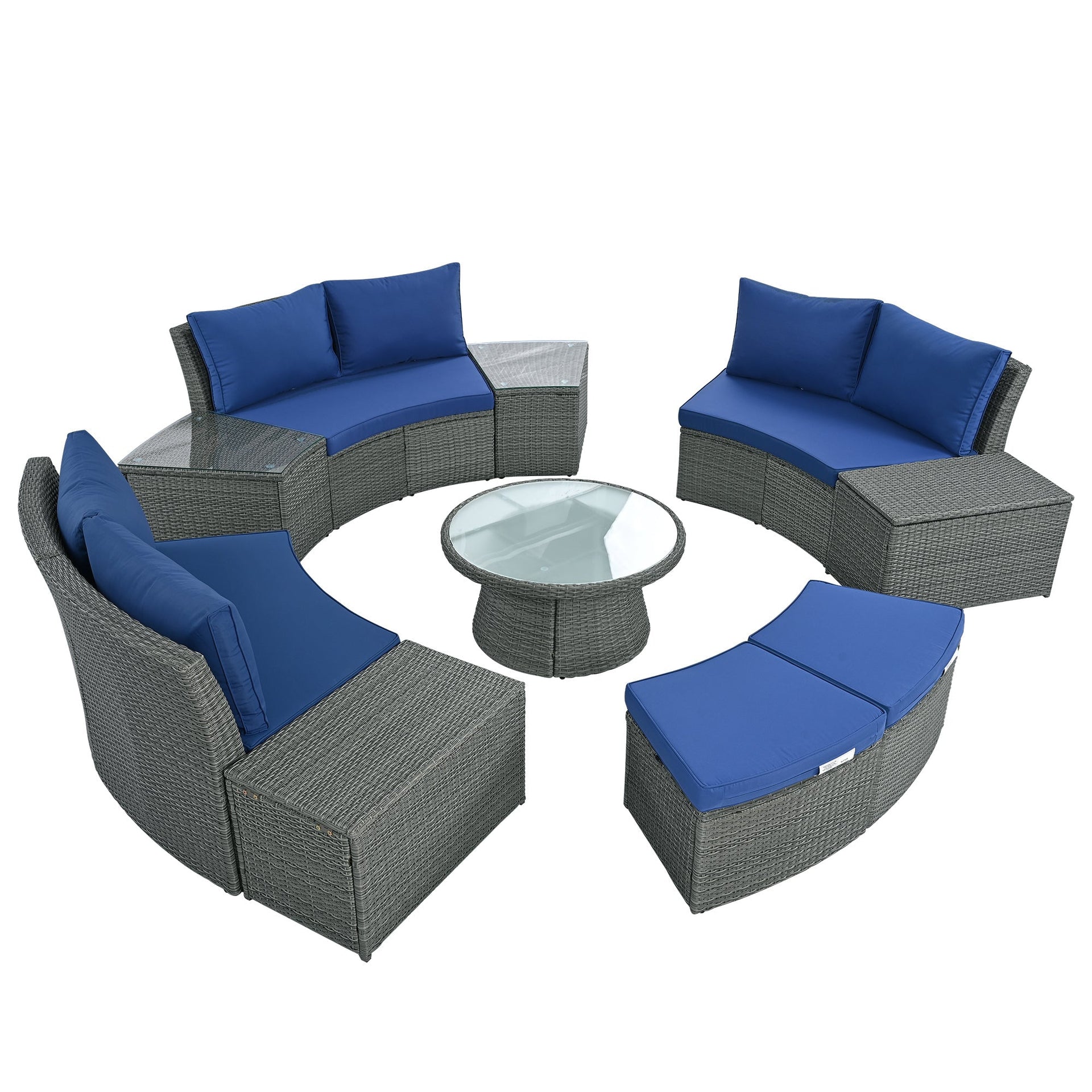 10-Piece Outdoor Sectional Half Round Patio Rattan Sofa Set, PE Wicker Conversation Furniture Set for Free Combination, Blue