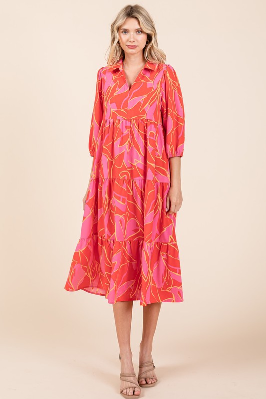 New Summer Tiered Printed Collared Neck Midi Dress For Women – Elegant and Versatile Dress with a Polished, Feminine Flair