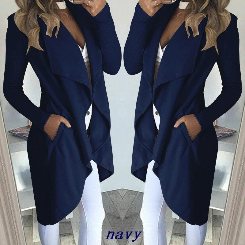 Women's Plus Size Solid Color Polo Collar Slim Fit Long Trench Coat