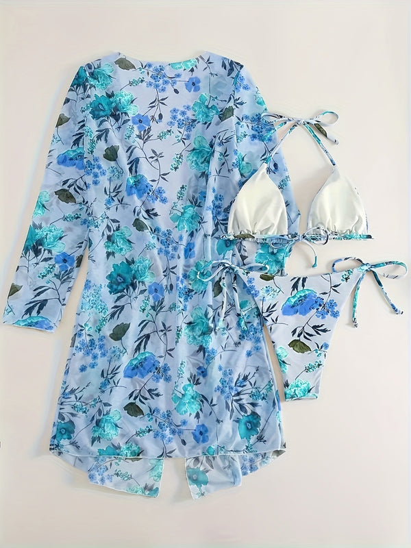 Bikini European Style Floral Print 3 Piece Swimsuit Set for Women – Sexy V Neck Bikini with Cross Strap Detail and Matching Long Sleeve Cover-Up – High Stretch Trendy Swimwear for Summer Beach Vacations Resort Looks and Poolside Fashion