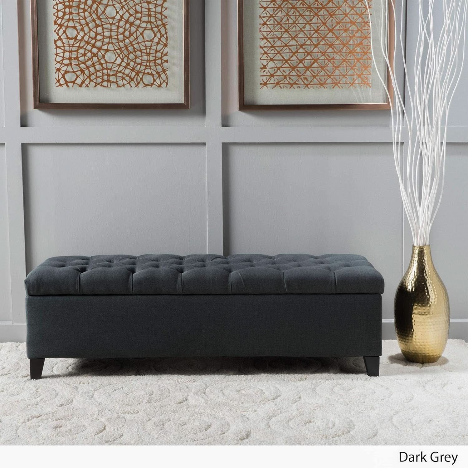 Dark Grey Tufted Fabric Storage Ottoman 17.5 In Depth